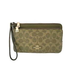 Coach CX161 Double Zip Wallet Signature Canvas Clutch Wristlet Olive Green